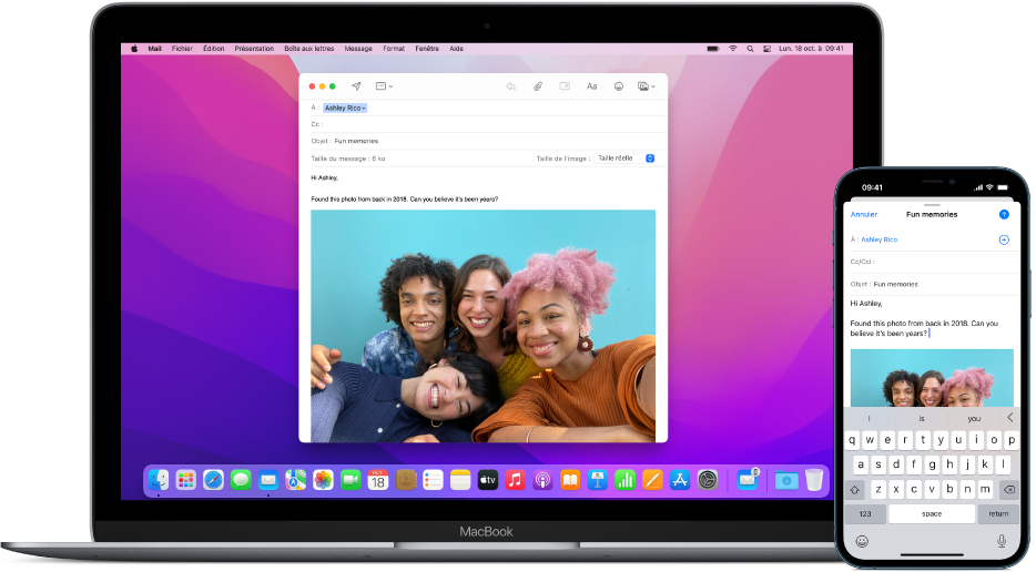 Un iPhone affichant un e-mail, en regard d’un Mac vers lequel le message est en cours de transfert. Cette opération est indiquée par l’icône Handoff sur l’icône de l’app Mail, en haut à droite du Dock.