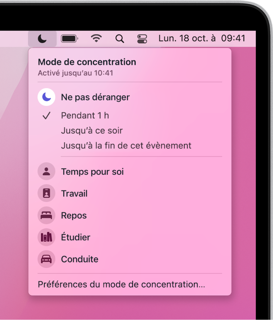 Le menu d’état de Concentration s’ouvre pour afficher la liste des modes de concentration, notamment « Temps pour soi », Travail, Étude, etc. « Ne pas déranger » se trouve en haut de la liste et est activé pendant une heure.