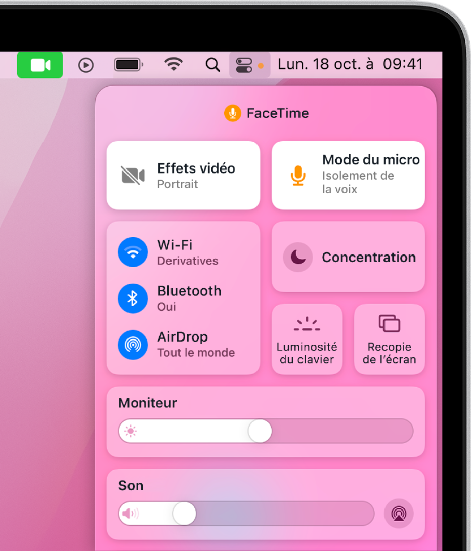 Le centre de contrôle dans le coin supérieur droit de l’écran du Mac avec, entre autres, les commandes Micro, Wi-Fi, Concentration et « À l’écoute ».