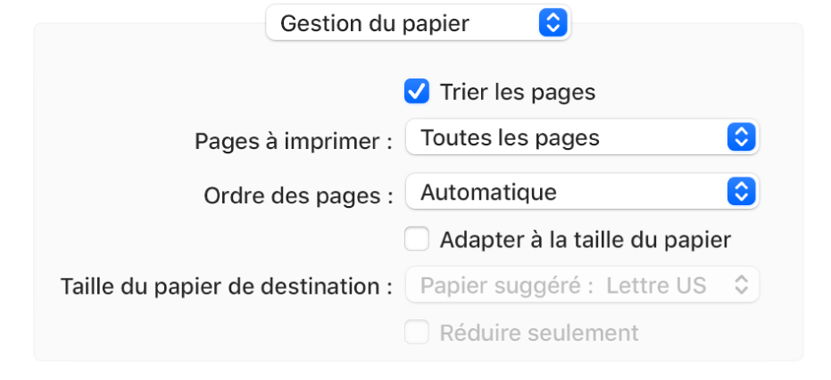 L’option de Gestion du papier choisie dans le menu local Options d’impression et le menu local Ordre des pages apparaît pour modifier l’ordre des pages.