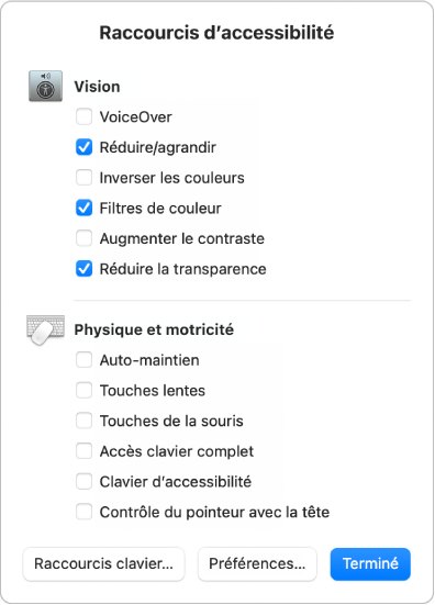 La sous-fenêtre « Raccourcis d’accessibilité » dressant une liste des fonctions Vision, telles que « Filtres de couleur », et des fonctions « Physique et motricité », telles que « Accès clavier complet ». Cochez ou décochez des fonctions dans la sous-fenêtre pour les activer ou les désactiver.