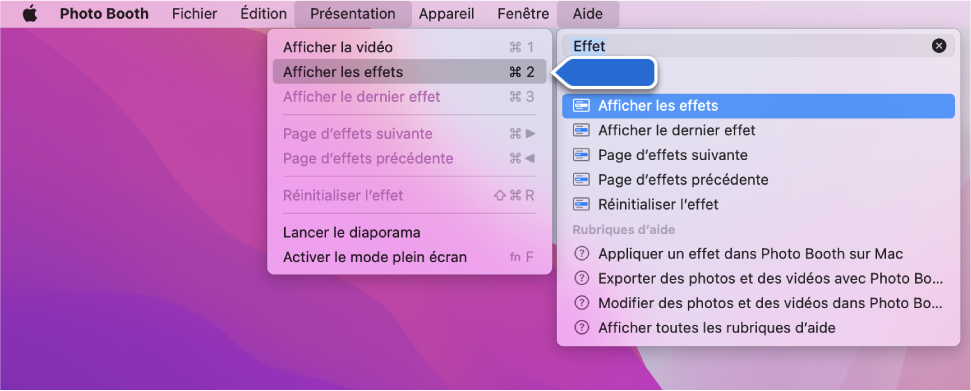 Le menu Aide de Photo Booth dispose des résultats de recherche pour un élément de menu sélectionné et une flèche placée sur l’élément dans les menus d’app.