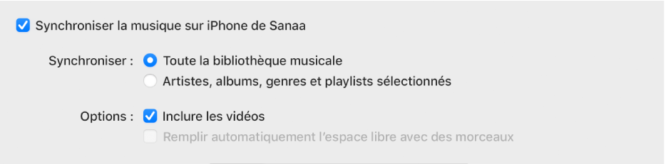 La case « Synchroniser la musique sur l’appareil » s’affiche avec des options supplémentaires permettant de synchroniser toute votre bibliothèque ou seulement les éléments sélectionnés et d’inclure les vidéos et mémos vocaux dans le processus de synchronisation.