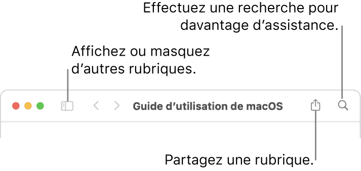 La fenêtre d’aide avec les boutons dans la barre d’outils qui permet de masquer ou d’afficher la table des matières et de partager une rubrique et le champ de recherche qui permet de rechercher des rubriques.