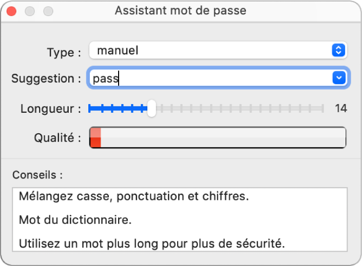 Fenêtre « Assistant mot de passe » présentant les différentes options de création d’un mot de passe.