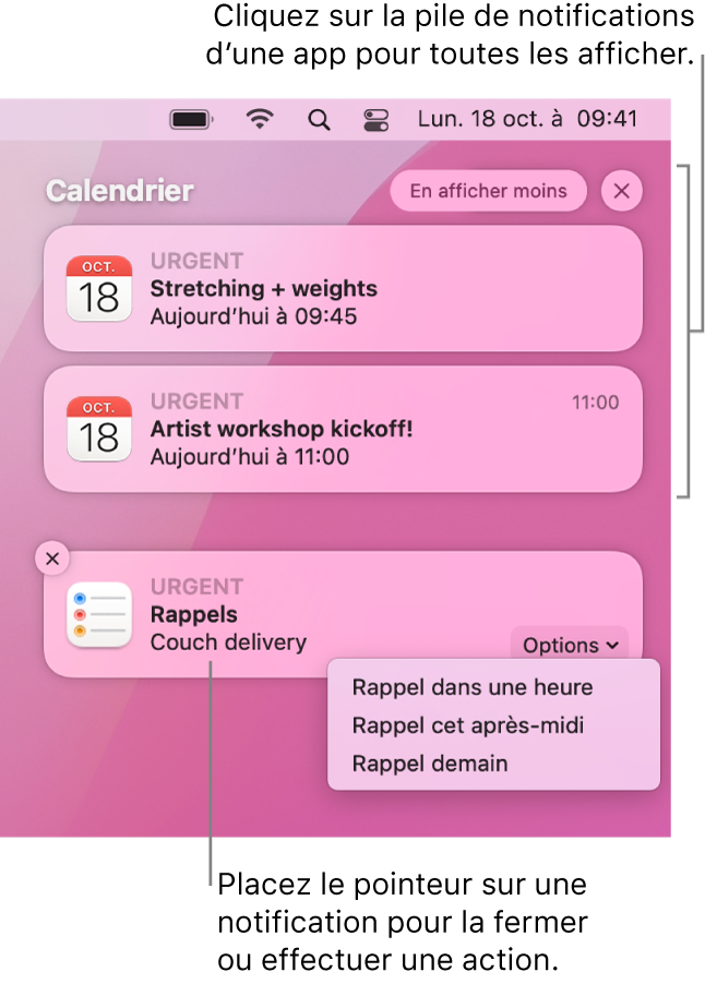 Des notifications d’app dans le coin supérieur droit du bureau, avec une pile ouverte contenant deux notifications de l’app Rappels et un bouton « En afficher moins » pour réduire la pile, ainsi qu’une notification de l’app Calendrier accompagnée d’un bouton Rappel.