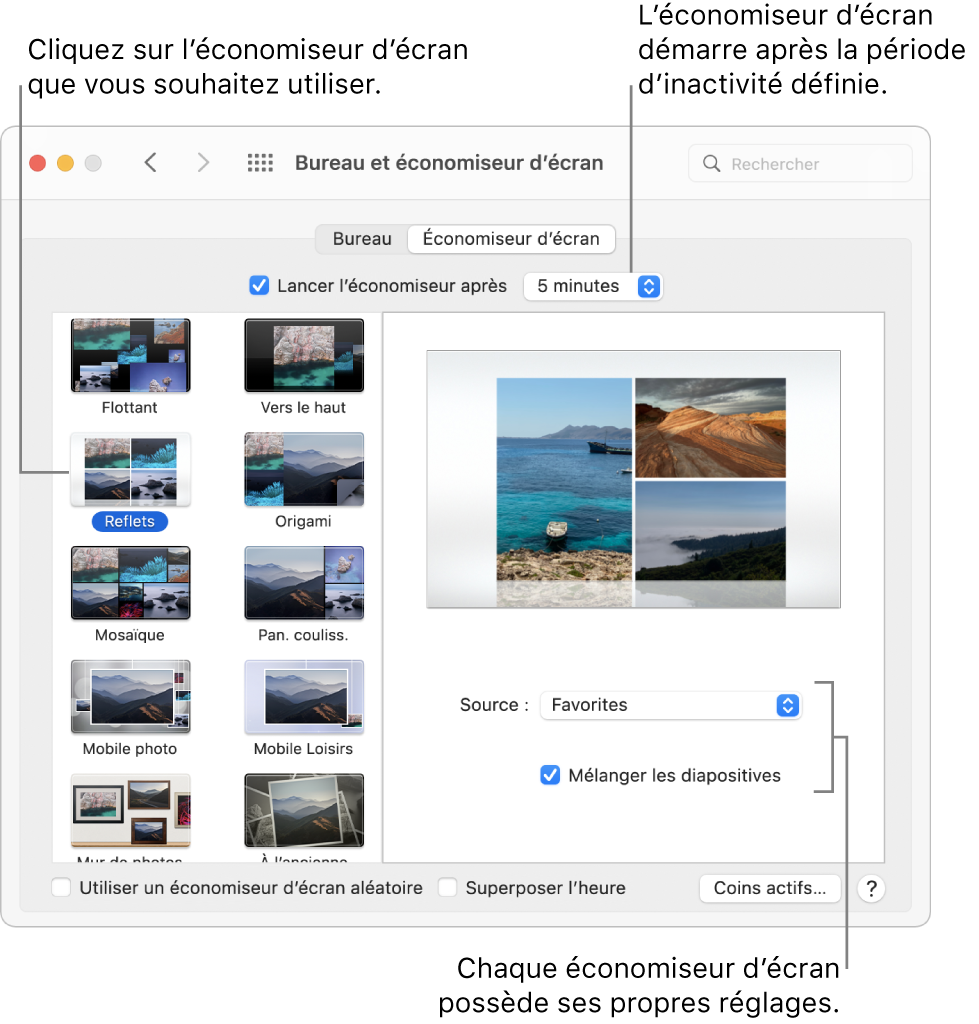 La sous-fenêtre Économiseur d’écran des Préférences Système.