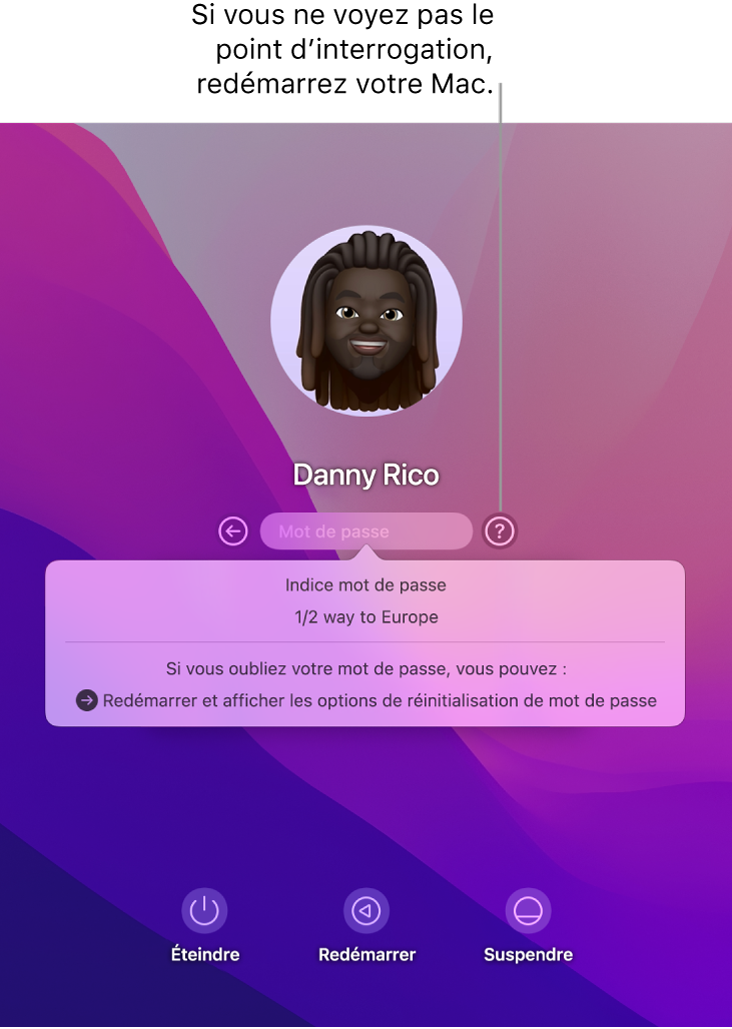 Écran d’ouverture de session du Mac, affichant votre indice de mot de passe et des instructions pour la réinitialisation de votre mot de passe.