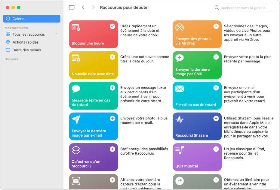 La fenêtre Raccourcis avec la liste des raccourcis pour débuter dans la galerie.
