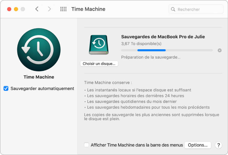 Préférences Time Machine affichant l’état d’avancement d’une sauvegarde sur un disque externe.