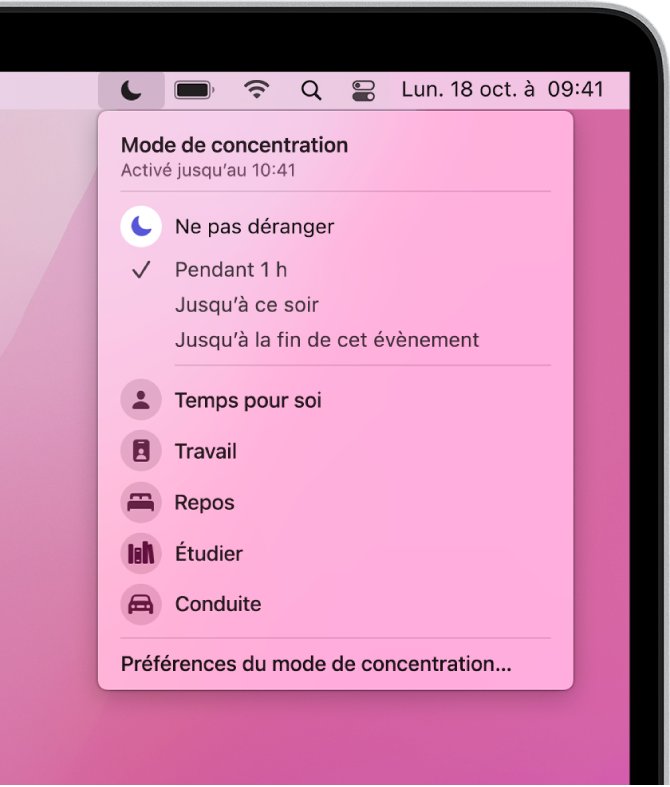 Le menu de statut Concentration ouvert pour afficher la liste des modes de concentration, y compris Personnel, Travail, Étude, et dʼautres. « Ne pas déranger » est en haut de la liste et activé pendant 1 heure.