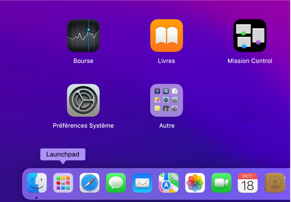 La partie dans le coin inférieur gauche du Dock avec l’icône Launchpad.