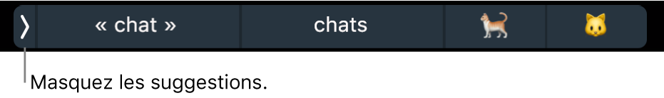 Suggestions affichant des mots et des Emoji, ainsi que le bouton à gauche permettant de masquer les suggestions.