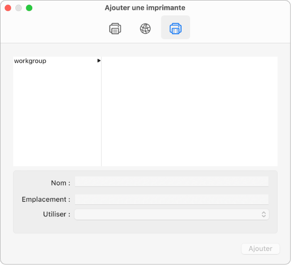 La zone de dialogue « Ajouter une imprimante » affichant le bouton Windows sélectionné et des options pour sélectionner un groupe de travail, ainsi que des champs pour saisir le nom et l’emplacement de l’imprimante et un menu local Utiliser pour choisir le type d’imprimante.