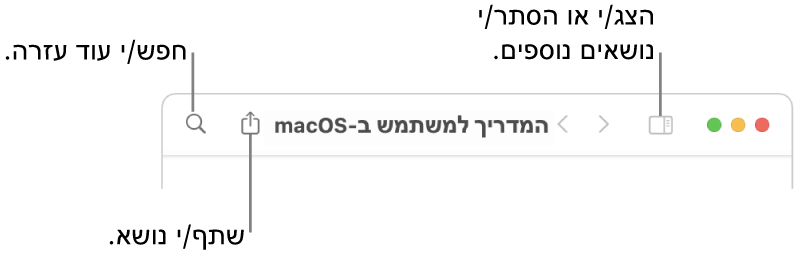 חלון עזרה המציג את הכפתור בסרגל הכלים שלחיצה עליו מסתירה או מציגה את תוכן העניינים, את הכפתור לשיתוף הנושא ואת שדה החיפוש לחיפוש אחר נושאים.