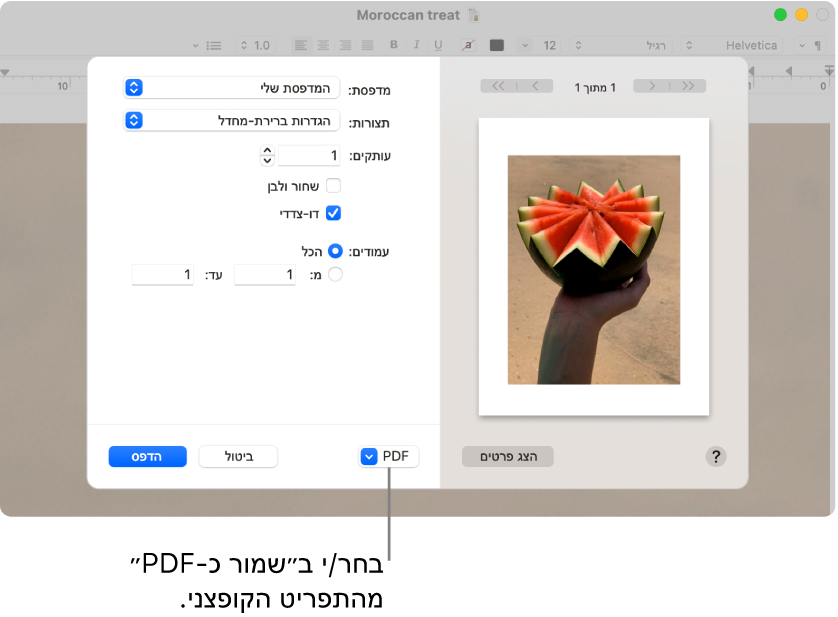 לחץ/י על התפריט הקופצני PDF ולאחר מכן בחר/י ״שמור כ-PDF״.