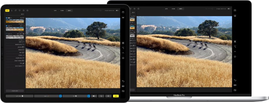 ‏iPad Pro לצד MacBook Pro. במכתבת ה-Mac מוצגת עריכה של תמונת פורטרט ביישום ״תמונות״. ב‑iPad Pro מופיעה אותה תמונה, וכן מופיעים סרגל הצד Sidecar בקצה הימני של המסך וה-Touch Bar של ה-Mac בתחתית המסך.