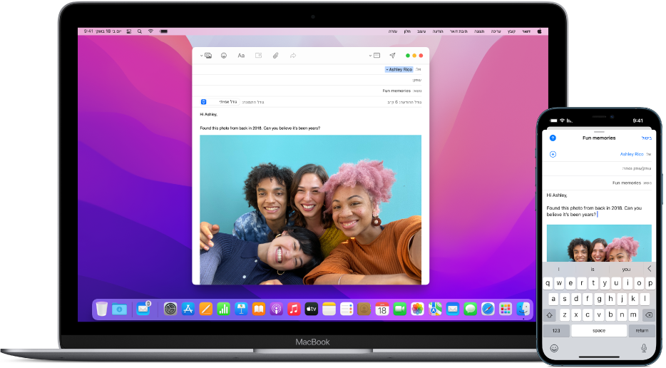 ‏iPhone המציג הודעת דוא”ל, ולצדו Mac שהודעת הדוא”ל מועברת אליו; צלמית Handoff מוצגת בקצה השמאלי של ה-Dock.