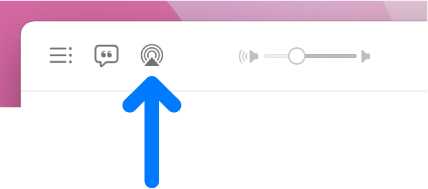 פקדי ההפעלה ביישום ״מוסיקה״. צלמית שמע AirPlay נמצאת משמאל למחוון עוצמת הקול.
