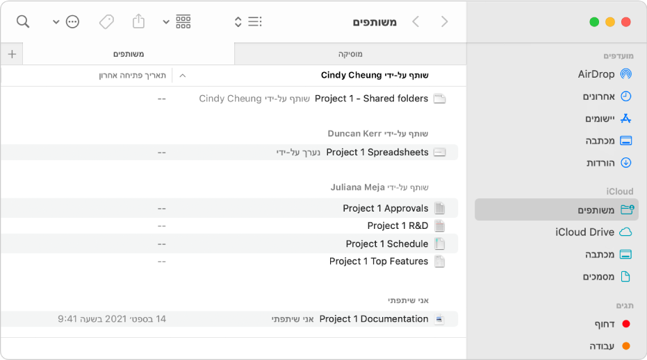 חלון של ה-Finder המציג את התיקיה “משותף” במצב נבחר בסרגל הצד, ומימין פריטים המסודרים לפי השולח ששיתף אותם.