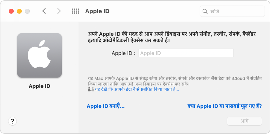 Apple ID साइन इन डायलॉग Apple ID नाम और पासवर्ड की एंट्री के लिए तैयार।