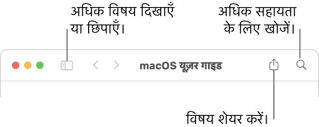 सहायता विंडो, जो विषय-सूची को छिपाने या दिखाने और विषय शेयर करने के लिए टूलबार में बटन दिखा रही है और विषयों को खोजने के लिए खोज फ़ील्ड दिखा रही है।