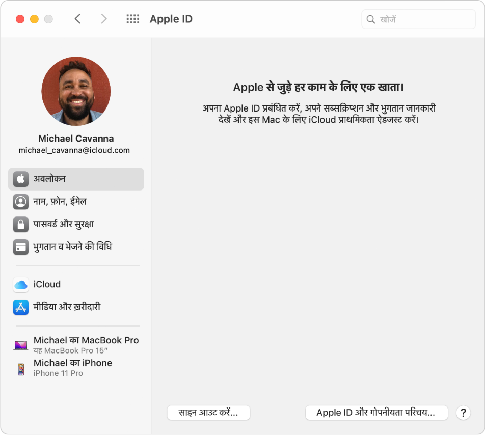 Apple ID प्राथमिकताएँ अलग-अलग प्रकार के खाता विकल्पों का साइडबार दिखाती है जिसका उपयोग आप कर सकते हैं और ओवरव्यू प्राथमिकताएँ साइन आउट बटन दिखाती है।