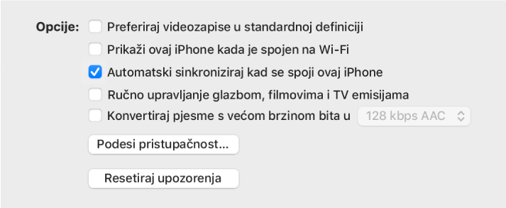 Opcije sinkroniziranja s odabranom opcijom “Automatski sinkroniziraj kad je ovaj [uređaj] spojen”.