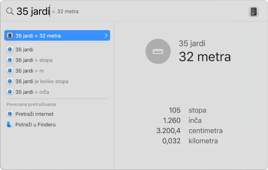 Prozor aplikacije Spotlight prikazuje konverziju jarda u metre u polju za pretraživanje. S lijeve se strane nalazi popis rezultata pretraživanja. Dodatni su razgovori prikazani u pretpregledu na desnoj strani.