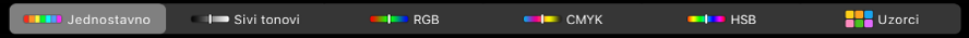 Touch Bar s prikazom modela boja, slijeva nadesno: Jednostavno, Sivi tonovi, RGB, CMYK i HSB. Na desnoj strani nalazi se tipka Uzorci.