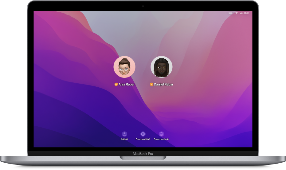 Radna površina računala Mac s prikazom zaključenog zaslona za prijavu s dva korisnička računa.