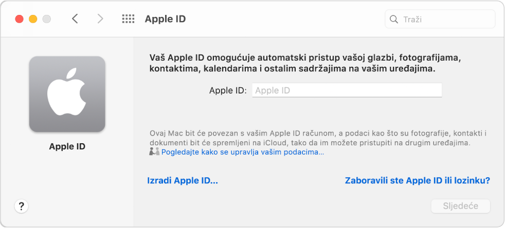 Dijaloški okvir Apple ID-ja spreman za unos Apple ID računa. Link Izradi Apple ID omogućuje vam izradu novog Apple ID računa.