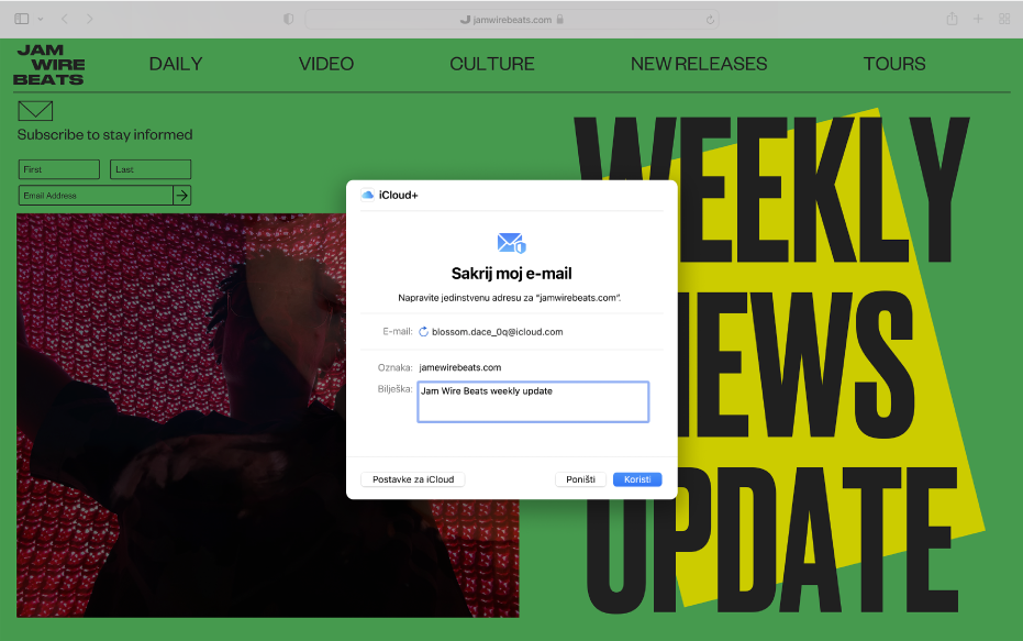 Aplikacija Safari koja prikazuje prozor za iCloud+ i Sakrij moj e-mail.
