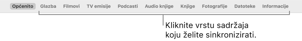 Traka s tipkama s prikazom tipke Općenito i tipkama za sadržaje poput glazbe, filmova, TV emisija i drugog.