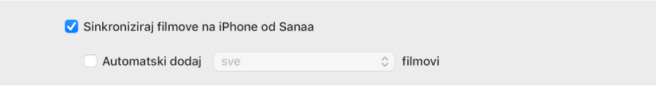 Odabrana je kućica “Sinkroniziraj filmove na [uređaj]”, a ispod toga nalazi se skočni izbornik “Automatski uključi”.