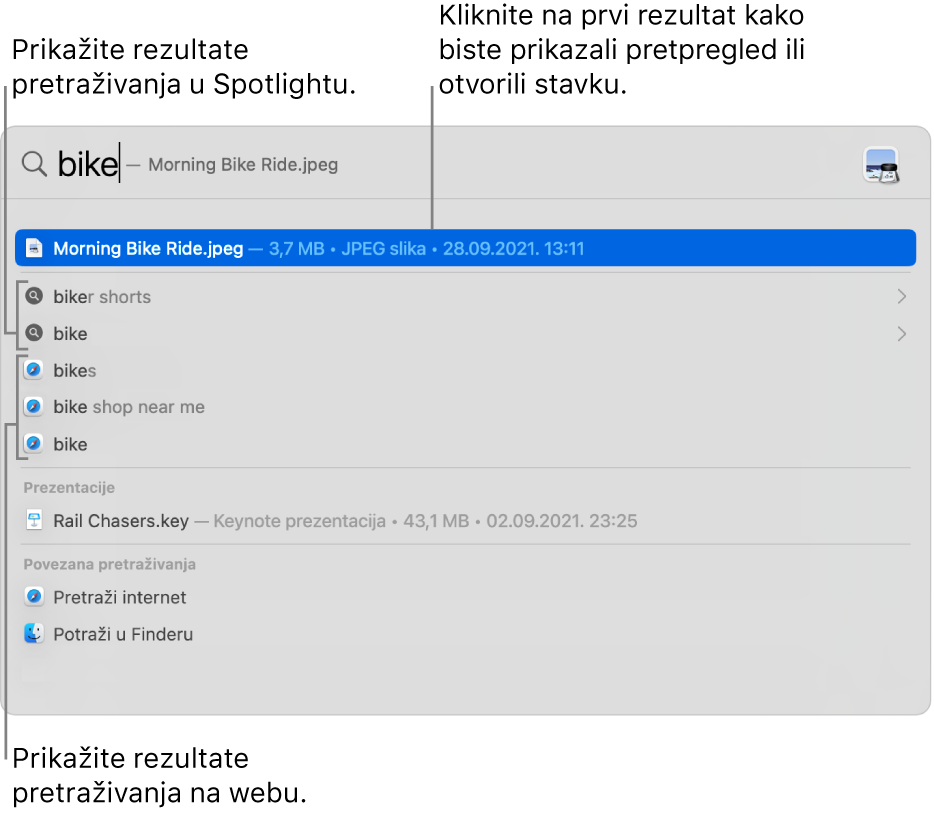 Prozor aplikacije Spotlight s prikazom teksta za pretraživanje u polju za pretraživanje pri vrhu prozora, a ispod se nalaze rezultati.