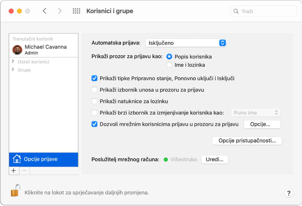 Prozor Opcije prijave u postavkama za Korisnike i grupe gdje možete odabrati opcije za prilagodbu načina prijave korisnika.