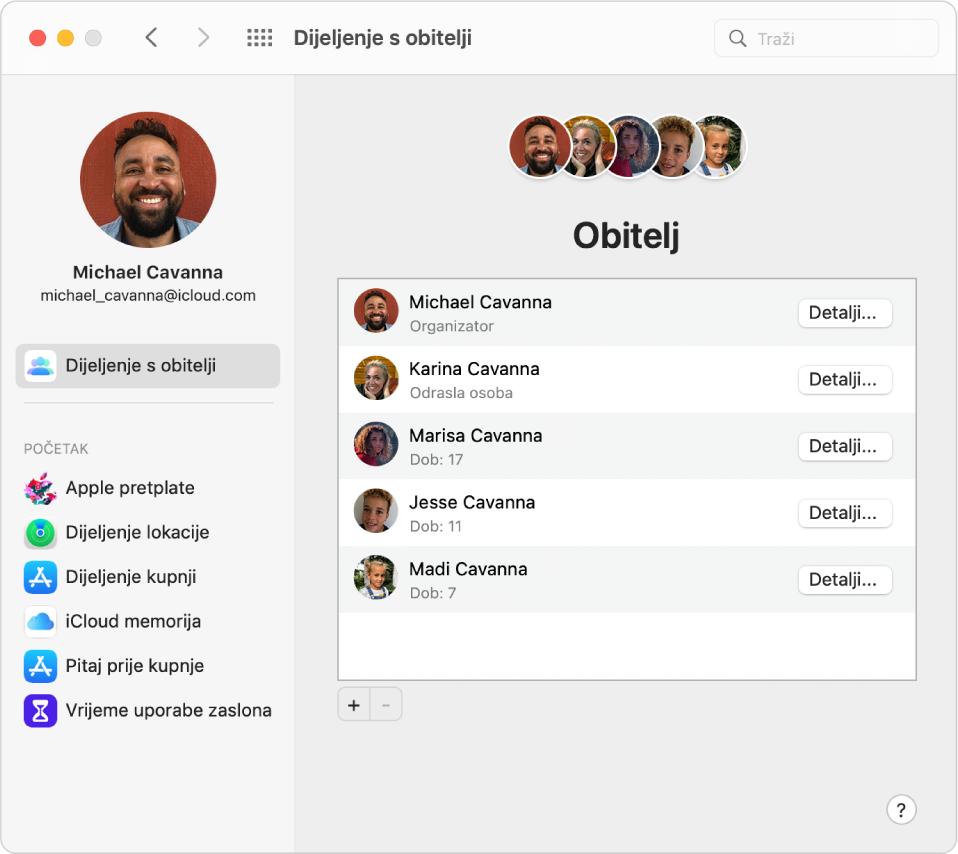 Postavke dijeljenja s obitelji s prikazom rubnog stupca različitih vrsta opcija računa koje možete koristiti i postavke Obitelji za postojeći račun.