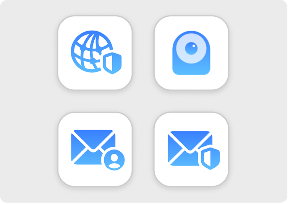 Ikone za iCloud privatni relej, Sakrij moj email, Dom i Mail.