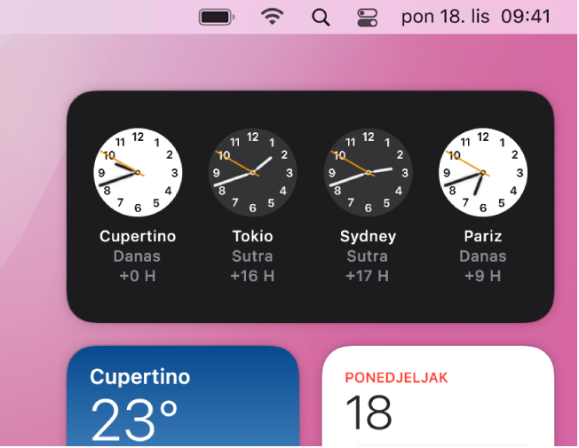 Widget Svjetsko vrijeme u Centru za obavijesti prikazuje trenutačno vrijeme u Cupertinu, Tokio, Sydneyu i Parizu.