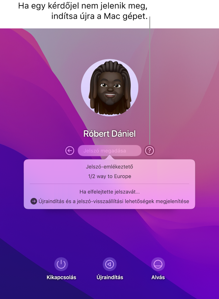 A Mac gép bejelentkezési képernyője a jelszó-emlékeztetővel és a jelszó alaphelyzetbe állítására vonatkozó utasításokkal.