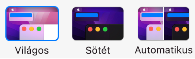 Balról jobbra a Világos, Sötét és Automatikus megjelenítés mintái láthatók az Általános beállításokban.