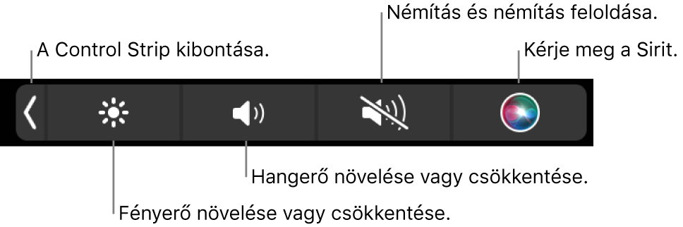 A visszazárt Control Strip gombokat tartalmaz, amelyek (balról jobbra) a következők: a Control Strip kibontása, a képernyő fényerejének és a hangerőnek a növelése és csökkentése, a némítás, a némítás feloldása, valamint a Siri használata.