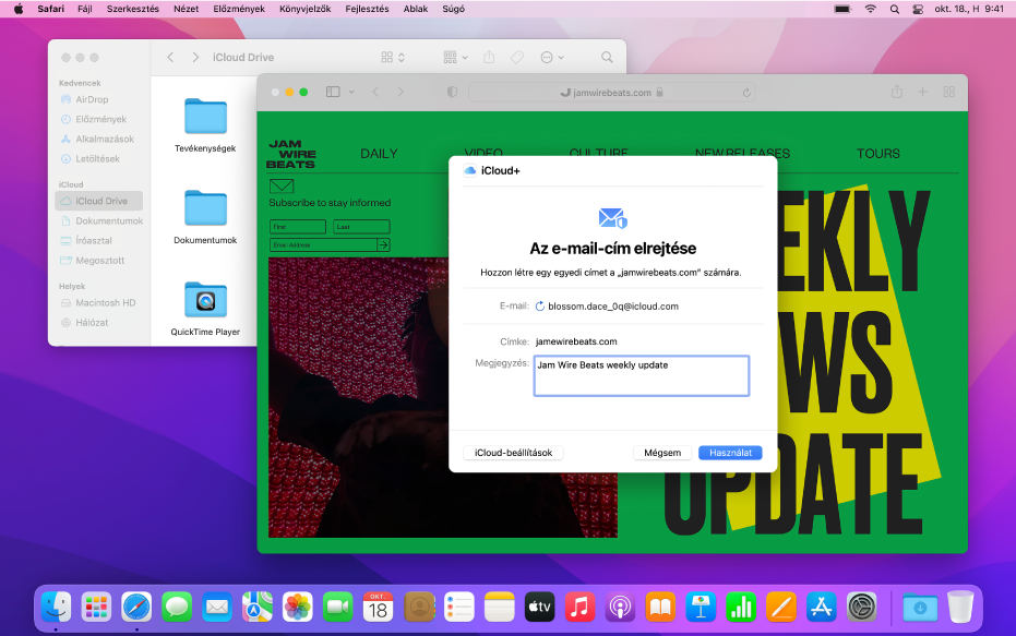 A Mac íróasztalán két megnyitott ablak látható – a Finder ablakában fájlok láthatók az iCloud Drive-ból és a Safari appban az E-mail-cím elrejtése beállításai.