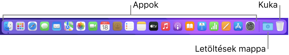 A Dock, melyen appikonok, a Letöltések pakli és a Kuka láthatók.