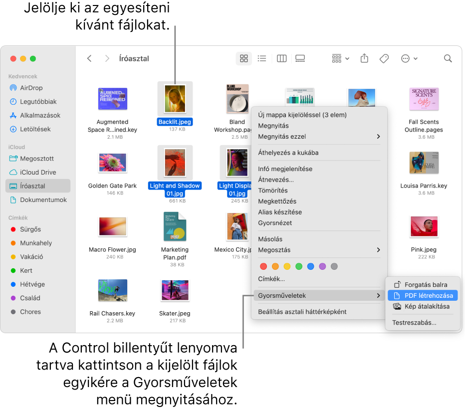 Egy fájlokat és mappákat tartalmazó Finder-ablak, amelyben három fájl van kiválasztva, és a PDF létrehozása van kijelölve a Gyorsműveletek menüben.