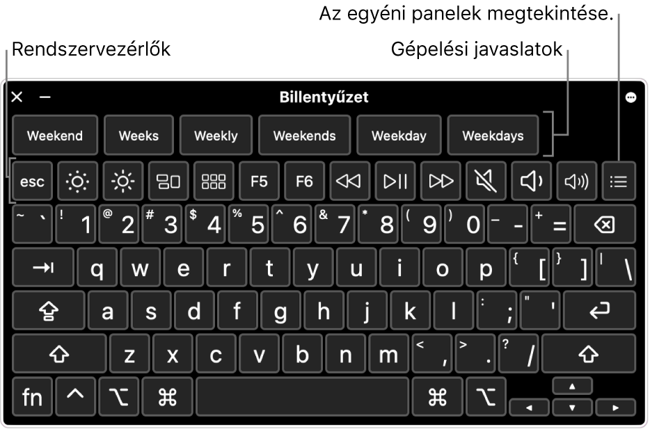 A Kisegítő lehetőségek billentyűzete a tetején gépelési javaslatokkal. Lent egy rendszer-vezérlőelemekhez tartozó gombsor látható, melyekkel egyebek mellett be lehet állítani a képernyő fényerejét, és egyéni paneleket lehet megjeleníteni.