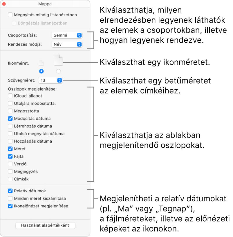 Mappa listanézet beállításai.