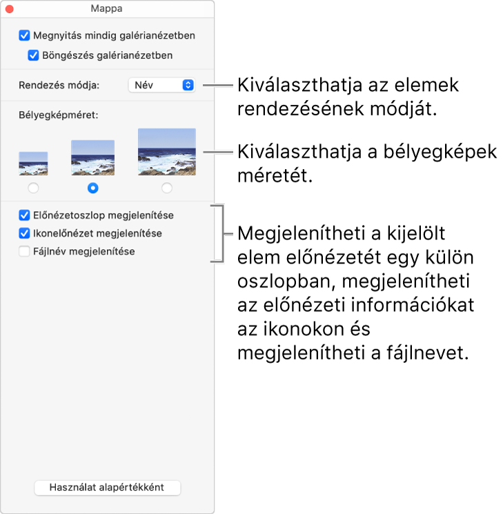 Mappa galérianézet beállításai.