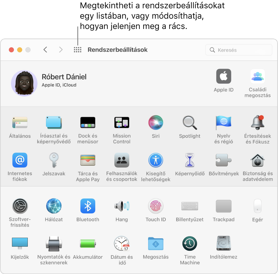 A Rendszerbeállítások ablak az ikonok rácsát jeleníti meg. Az ablak eszköztárán kattintson Az összes megjelenítése gombra a rendszerbeállítások listában történő megjelenítéséhez vagy a lista megjelenésének módosításához.